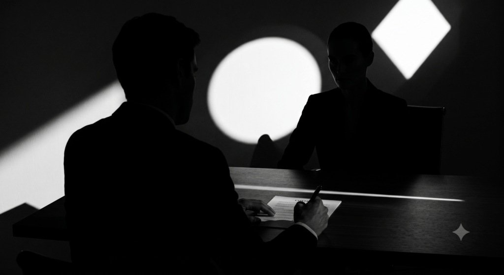 Deux personnes en costume se font face. L'une est en train de signer un contrat.